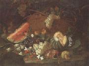 unknow artist Still life of a watermelon,red and white grapes,figs,cherries,mushrooms,a melon,and a basket with vine-leaves,upon a ledge Spain oil painting reproduction